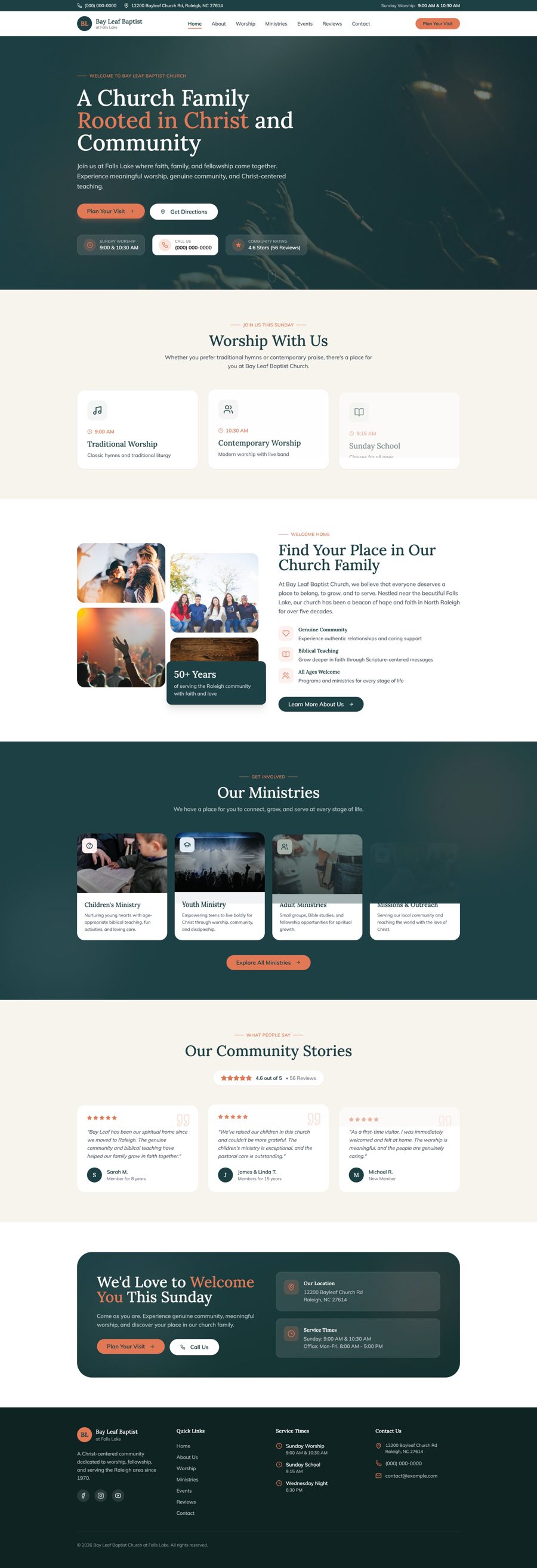 Full-page preview of the Bay Leaf Baptist Church sample website design