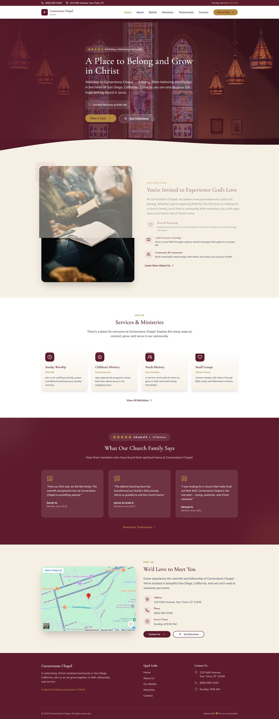 Full-page preview of the Cornerstone Chapel sample website design