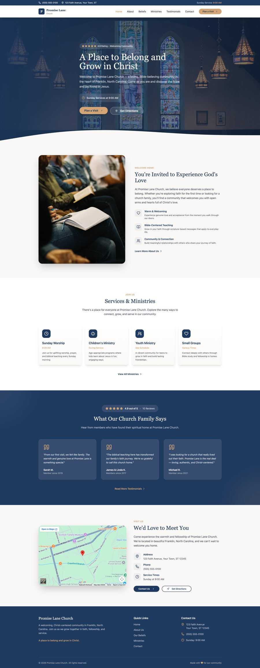 Full-page preview of the Promise Lane Church sample website design
