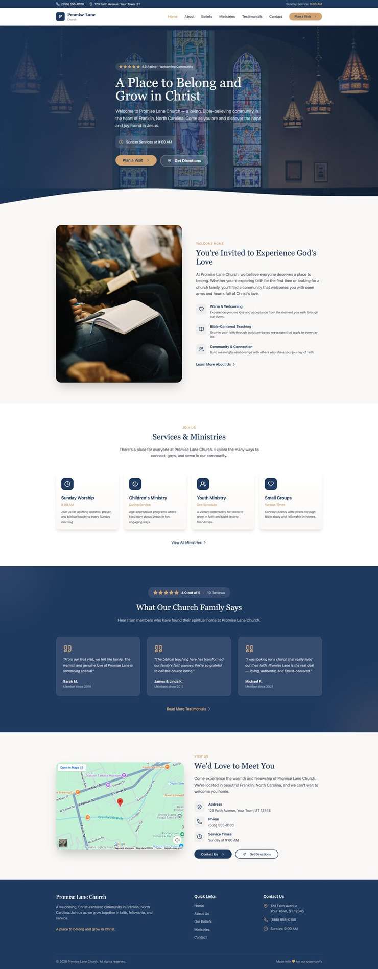 Full-page preview of a sample church website design